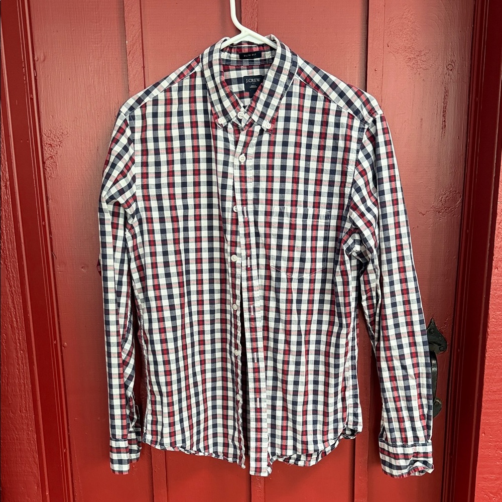 J. Crew Men's Red, Navy & White Check Button-Down Shirt